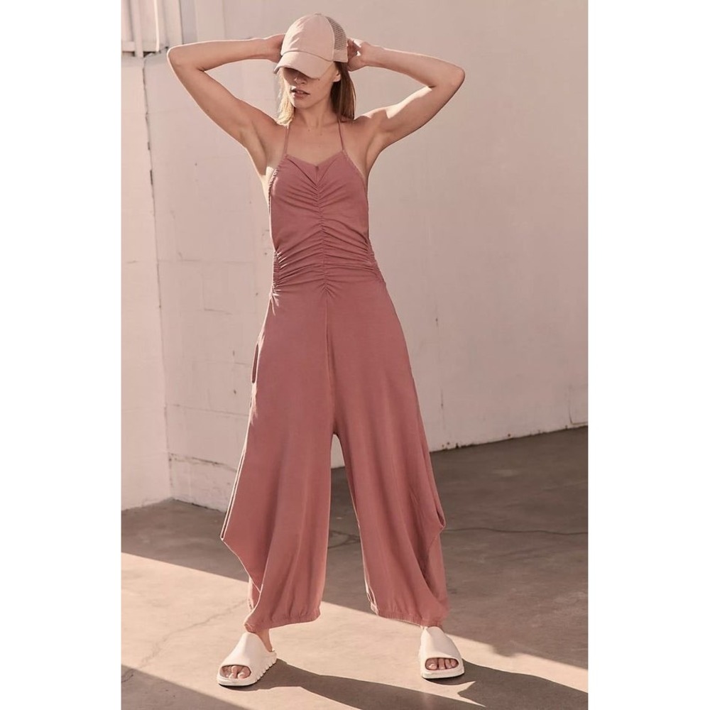 Free People Movement Hot Shot Halter Jumpsuit Pink Ruched Cutout Wide Leg